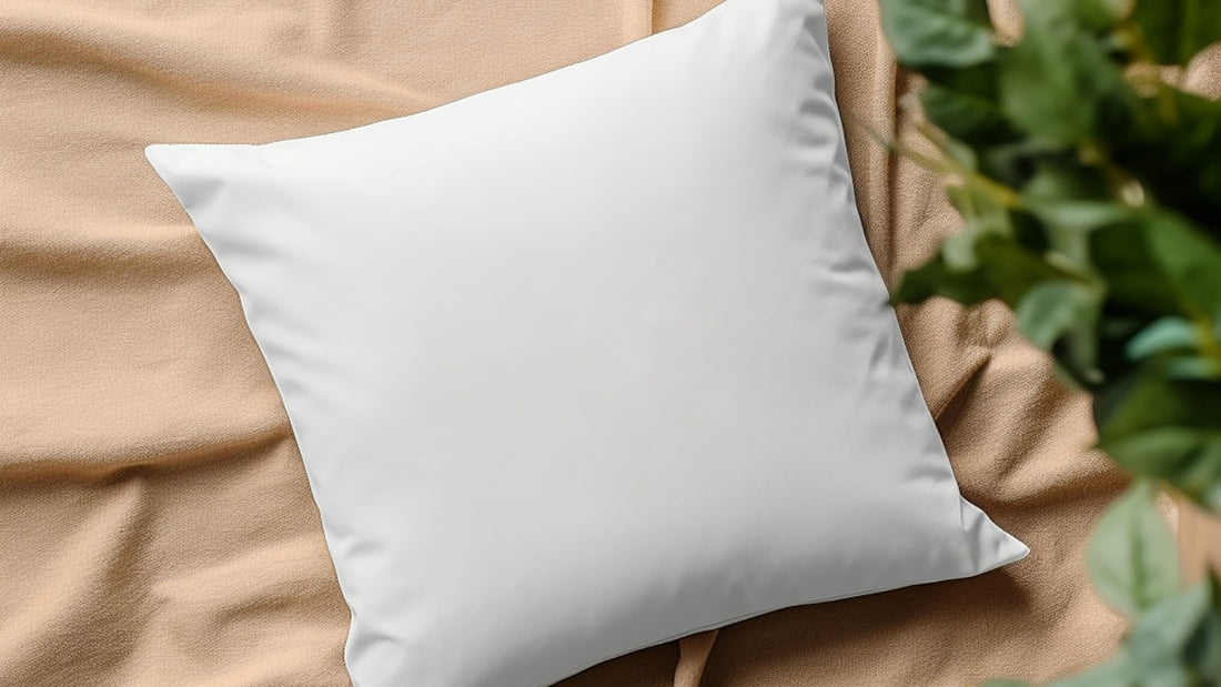 Wit kussen op beige linnen beddengoed met een groene plant