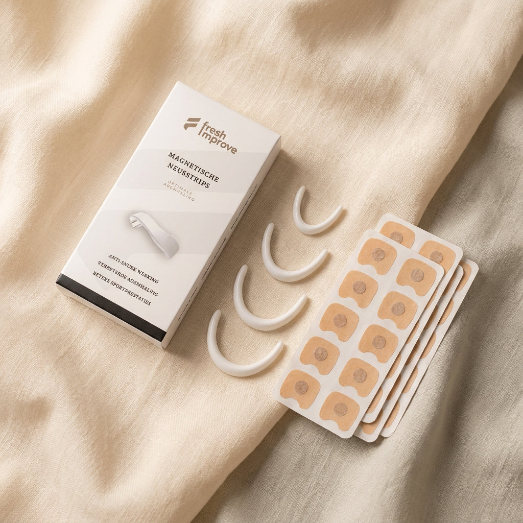 Inhoud van de starter set: verpakking, vier neusstrips en velletjes magneetpads