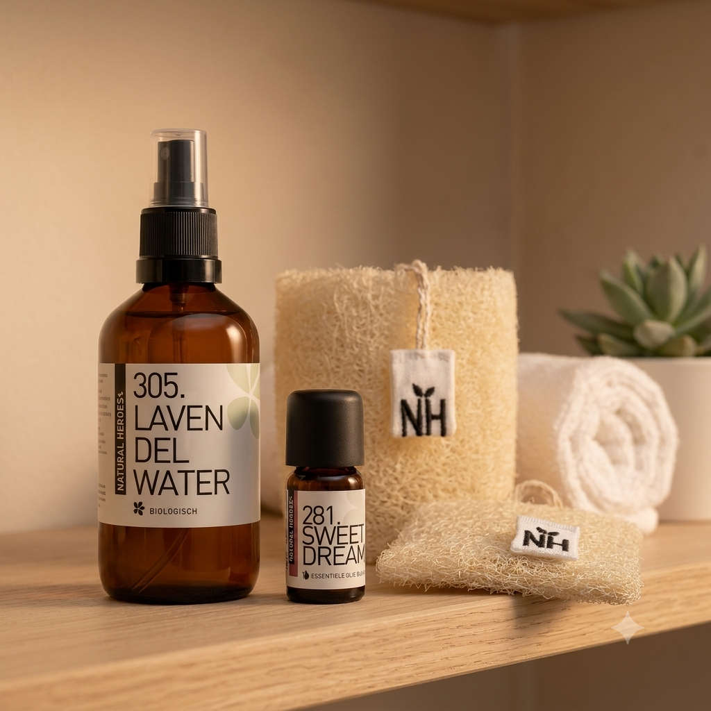 Onderdelen van de Avondritueel Startset: biologisch lavendelwater, Sweet Dreams etherische olie en loofah spons