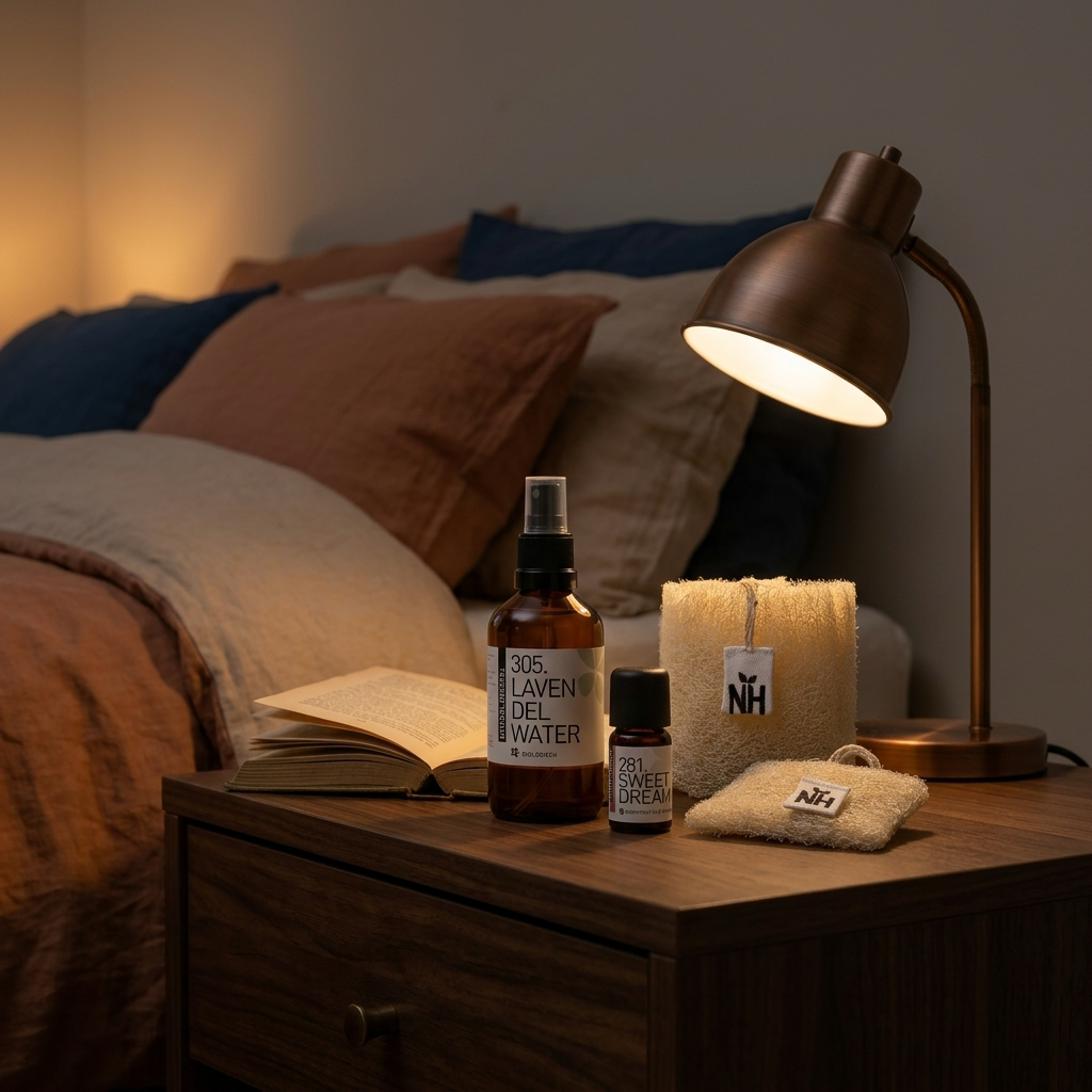 Avondritueel Startset van Fjølea op een nachtkastje met warm leeslicht