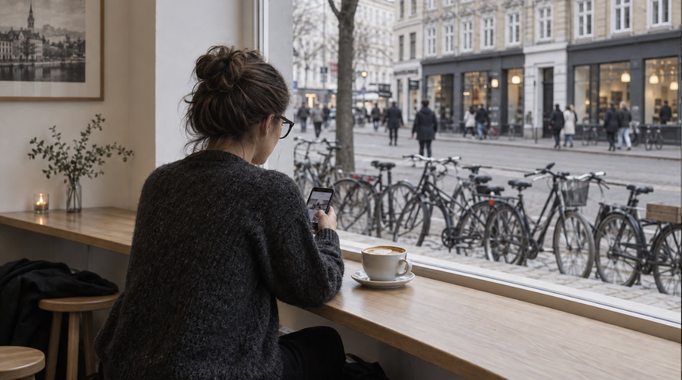 Vrouw scrolt op haar telefoon in een koffiebar, Sol blauwlichtbril overdag